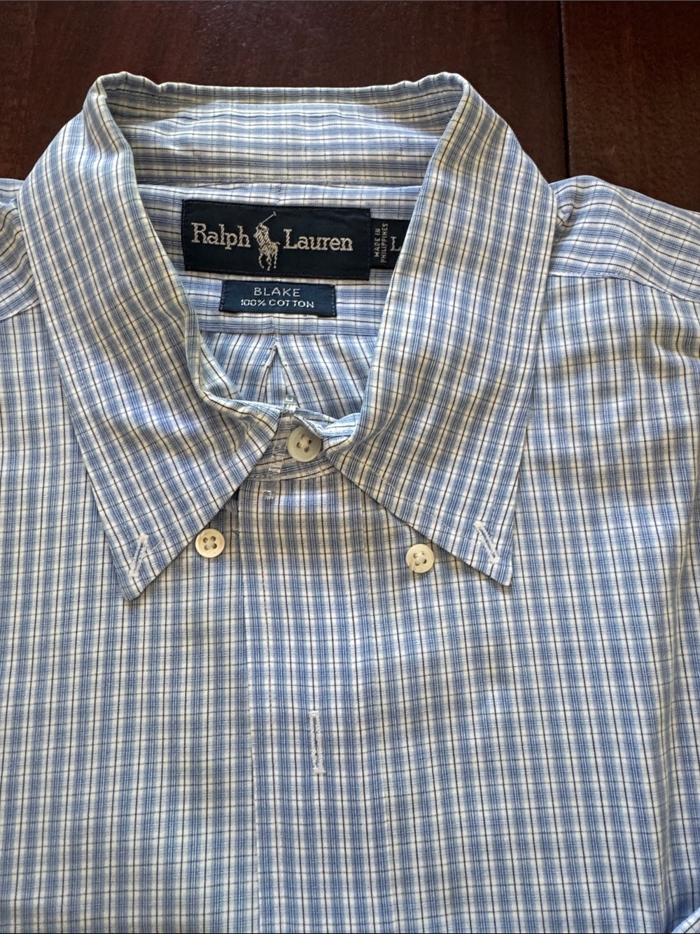 Ralph Lauren Blake Shirt Blue White Tattersall Button Down Cotton Classic Size L